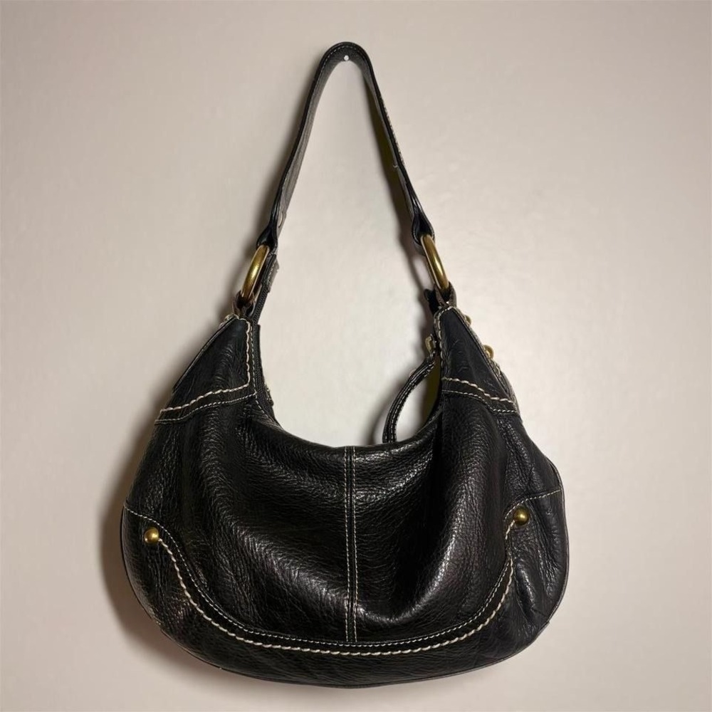 Vintage Y2K Fossil Black Pebbled Leather Brass Hardware Small Shoulder Bag